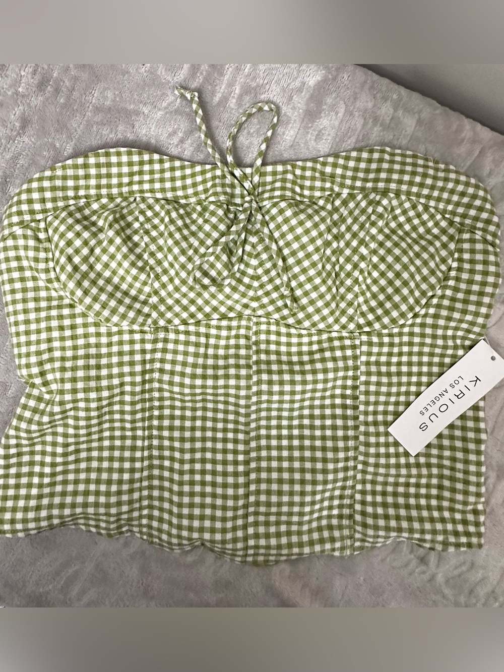Knit Gingham Strapless Crop Top in Light Green by Kitrious